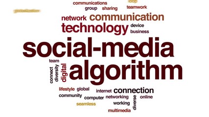 Poster - Social-media algorithm animated word cloud. Kinetic typography.