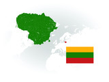 Fototapeta  - Map of Lithuania with rivers and lakes, national flag of Lithuania and world map as background. Please look at my other images of cartographic series - they are all very detailed and carefully drawn b