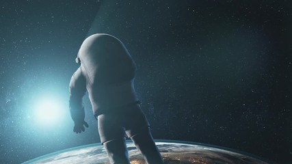 Wall Mural - motion graph cosmonaut in white spacesuit silhouette flies near planet earth with white halo backsid
