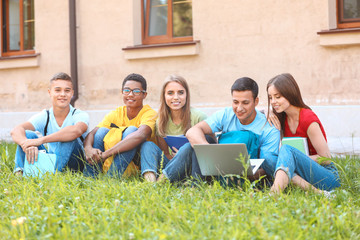 Wall Mural - Portrait of young students with laptop sitting on grass outdoors