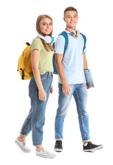 Wall Mural - Portrait of young students on white background