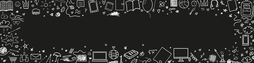 Wall Mural - Abstract pattern with school supplies. Back to school. Hand drawn infographic elements. Black and white illustration