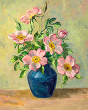 Vintage Oil Painting Of Flowers In Vase.