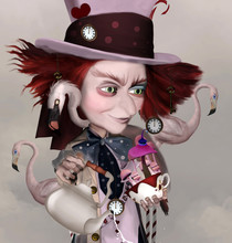 Wonderland Series - Mad Hatter With Teapot, Fantasy Mushrooms And Pink Flamingos