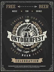 Vector Oktoberfest beer festival celebration template of retro poster or invitation flyer on vintage blackboard texture