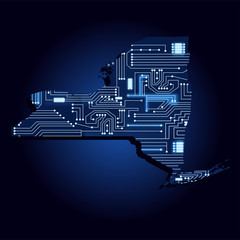 contour map of new york with a technological electronics circuit. usa state. blue background.