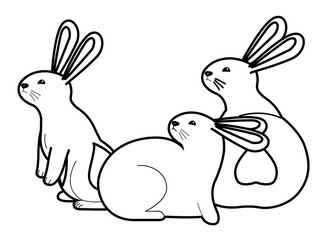 Wall Mural - Cute three rabbits animals cartoons in black and white