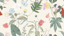 Botanical Seamless Pattern, Various Flowers And Leaves On Light Brown, Pastel Vintage Theme