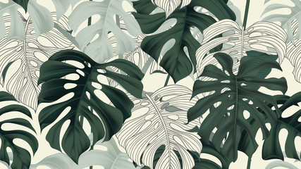 Botanical seamless pattern, split-leaf Philodendron plant on light yellow, pastel vintage theme