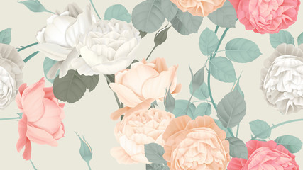 botanical seamless pattern, roses with leaves on light brown, pastel vintage theme