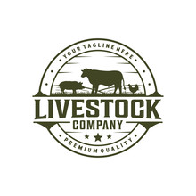 Livestock Vintage Logo With Cow, Chicken, And Pork. Badge / Label Logo
