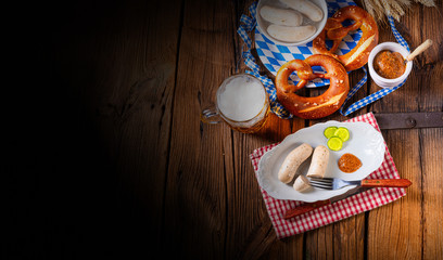 Wall Mural - Weisswurst pretzels and beer for Oktoberfest