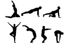 The Silhouette Of Young Man Is Exercising With Yoga.
