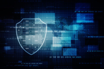 2d illustration security concept - shield on digital code background