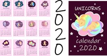 Calendar Or A4 Planner For 2020 With Colorful Cute Unicorns, Cartoon Horses For Children. Cover And Monthly Pages With Motivational Phrases. Pattern. . .