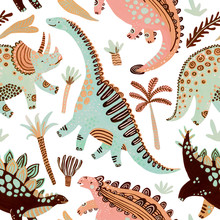 Cute Cartoon Dinosaurs Seamless Pattern In Scandinavian Style