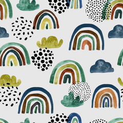 Wall Mural - Abstract watercolor seamless pattern with hand painted rainbows, clouds, doodles