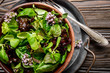 © Mikhailov Studio - Top view at clay dish with green and violet lettuce, lamb's lettuce salad with oregano flowers on vintage metal tray. Fork aside