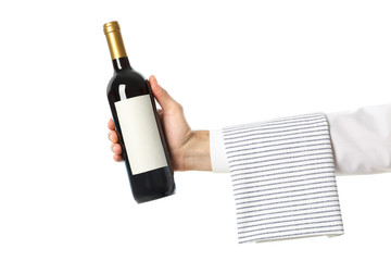 Male hand holding bottle of wine, isolated on white background