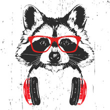 Portrait Of Raccoon With Glasses And Headphones. Hand-drawn Illustration. T-shirt Design. Vector