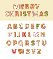 Wall Mural - Gingerbread holidays cookies font alphabet, Merry Christmas or New Year cookies winter food. Figures decorated glaze sugar, arabic number and sign. Full english ABC vector