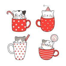 Draw Cute Cat In Cup Of Coffee And Tea For Christmas.