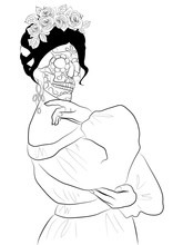Black And White Line Illustration Of A Girl With A Traditional Mexican Hairstyle In The Image Of Calavera Katrina