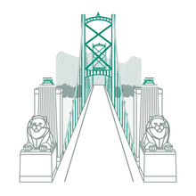 Lions Gate Bridge With Two Lying Lion Statues & The Towers Leading Over To A Mountain Range