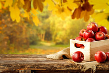 Fresh Red Apples In Wooden Box And Free Space For Your Decoration 