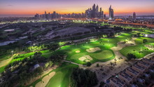 Dubai Marina Skyscrapers And Golf Course Day To Night Timelapse, Dubai, United Arab Emirates