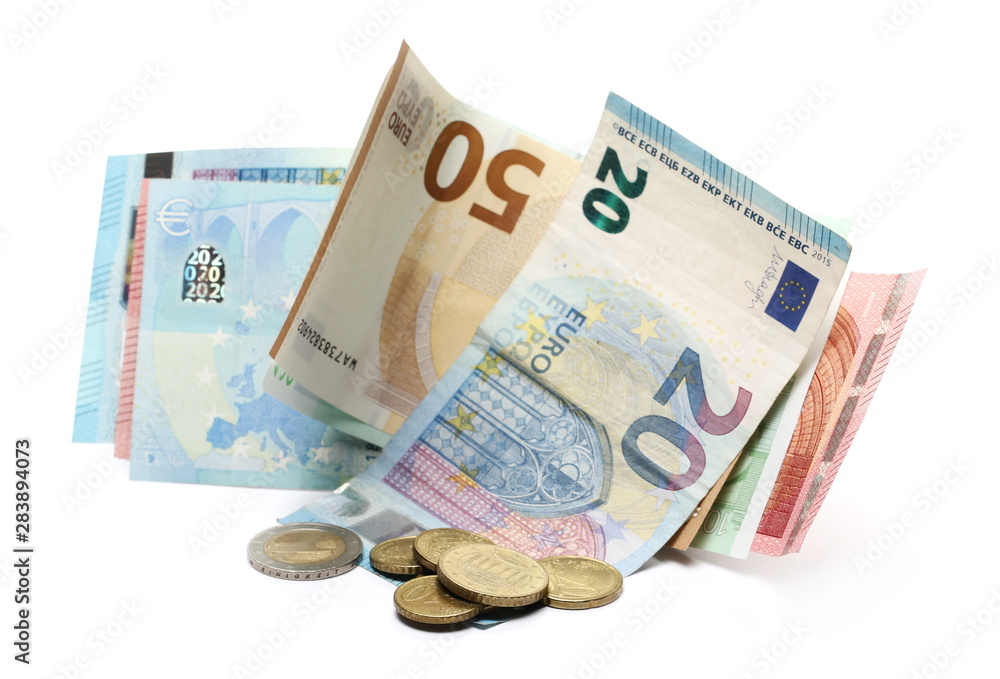 Euro banknotes with change, cash money and coins isolated on white background - obrazy, fototapety, plakaty 