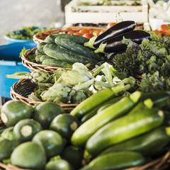 Wall Mural - Arrangement of vegetable in wicker basket at market