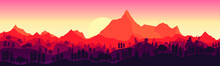 Landscape With High Mountains And Forest In Several Layers In Evening In Warm Tone. Vector Illustration.  Flat Design. The Sun Sets Over The Mountains.