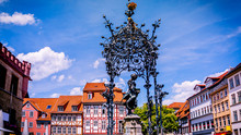 Center Of Göttingen Old Town. The Market Square With The Landmark Gänseliesel Fountain. Göttingen Is One Of The Oldest University City In Germany