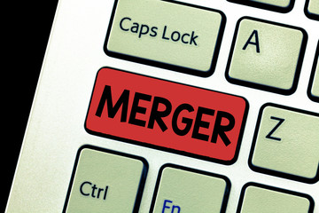 Conceptual hand writing showing Merger. Business photo text combination of two things especially companies flats into one.