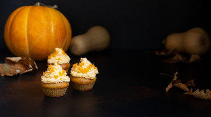 Pumpkin cupcakes on a dark background, autumn background various pumpkins and leaves. Pumpkin sweets. Halloween and Thanksgiving sweets. Selective focus. Banner format. Copyspace