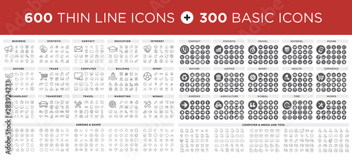 Fotografía MEGA Vector illustration of thin line icons and basic icons for business, bankin