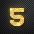 © Hanna_zasimova - Gold glitter numbers five with shadow. Vector realistick shining golden font figure 5 lettering of sparkles on black background. For decoration of cute wedding, anniversary, party, label, headline