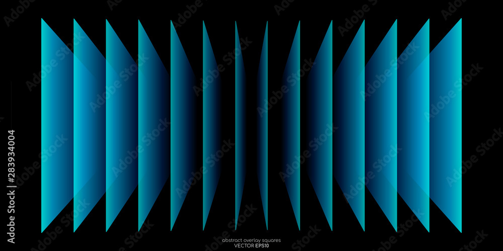Abstract 3D perspective transparent rectangles overlay pattern by green blue colors on black background. Vector illustration in concept technology, modern. - obrazy, fototapety, plakaty 