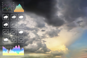 Wall Mural - weather forecast symbol data presentation with graph and chart on tropical storm background. dramati