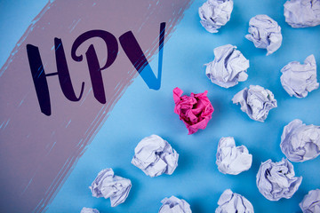 Wall Mural - Writing note showing Hpv. Business photo showcasing Human Papillomavirus Infection Sexually Transmitted Disease Illness written Painted background Crumpled Paper Balls next to it.