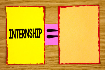 Conceptual hand writing showing Internship. Business photo text Student or trainee who works in a company to obtain experience written Sticky Note Paper wooden background Equation Space.
