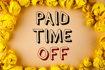 Text sign showing Paid Time Off. Conceptual photo vacation with full payment take vacation Resting Healing written plain background within Yellow Paper Balls.