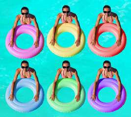 Wall Mural - Women with many color inflatable buoy in water