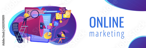 Fotografering Business team with megaphone and media icons work on search engines optimization