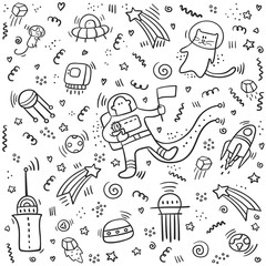 Wall Mural - Astronaut doodle. Set of space objects and symbols. Planets and ships. Space doodles. Future concept with astronaut, planets,spaceships. Universe concept -vector.