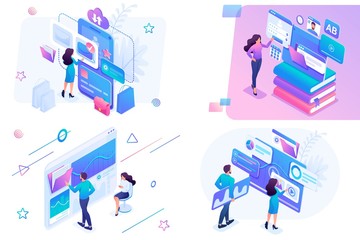 Set isometric on the topics of online shopping, statistical analysis, digital marketing. For website and mobile website development