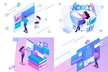 Set isometric on the topic of online training, information security, data Analytics. For website and mobile website development
