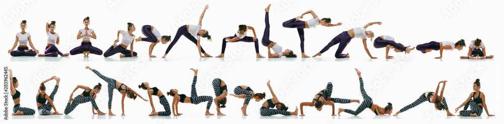Sporty young woman doing yoga practice on white studio background. Fit flexible model practicing. Concept of healthy lifestyle and natural balance between body and mental development. Creative collage - obrazy, fototapety, plakaty 