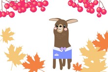 Lama, Cartoon Character, And Autumn Background, Vector Illustration